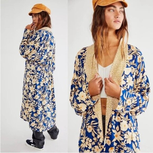 Free People Wild Nights Kimono Duster Open Front Long Sleeve Floral Blue Large - Picture 12 of 13